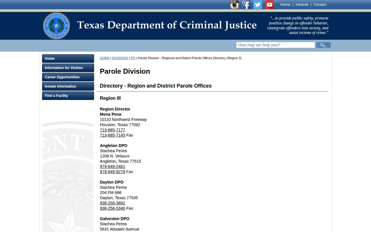 Liberty County parole supervision Dayton District Parole Office contact