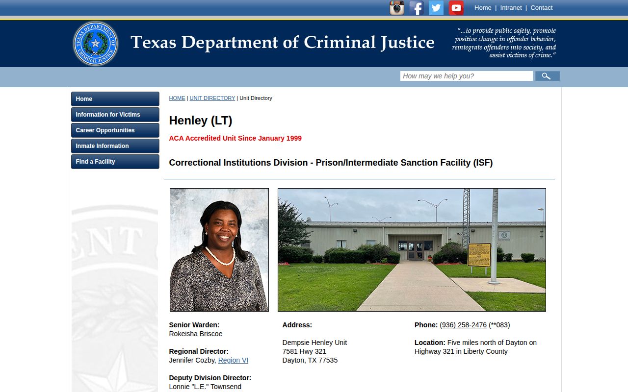 Dempsie Henley Unit release records official TDCJ facility page