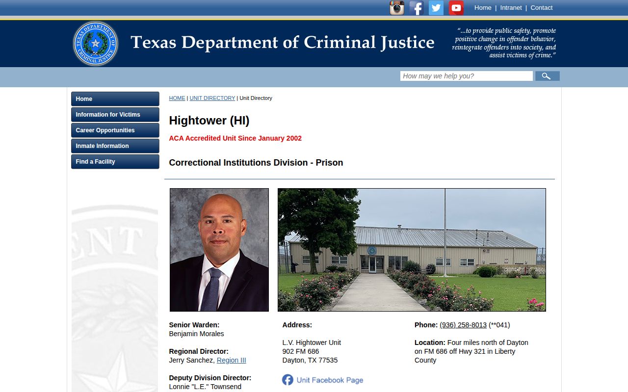 L.V. Hightower Unit release search official TDCJ identity