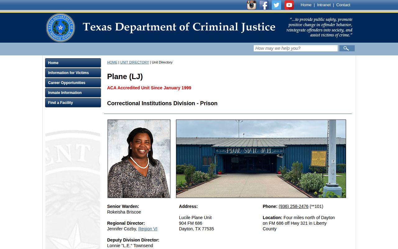 Lucile Plane Unit reentry release records official TDCJ page